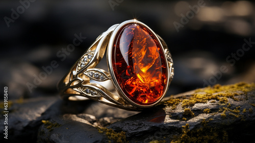 A captivating visual of an amber ring, delicately set in sterling silver or gold, combining elegance with the charm of nature 