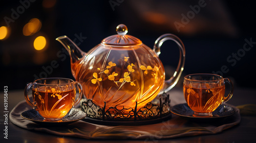 An enchanting shot of an amber tea set, where the warm hues of amber complement the soothing tones of the tea, creating a serene atmosphere 