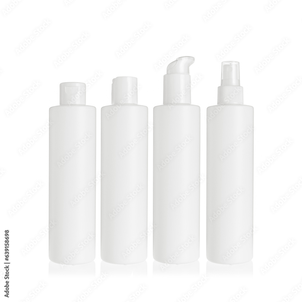 Group of white cosmetic transparent bottles isolated on white background with disc top cap, flip cap, lotion pump and spray pump. Packaging of bottles for cosmetics and medical products. Group of white cosmetic transparent bottles isolated on white background with disc top cap, flip cap, lotion pump and spray pump. Packaging of bottles for cosmetics and medical products.