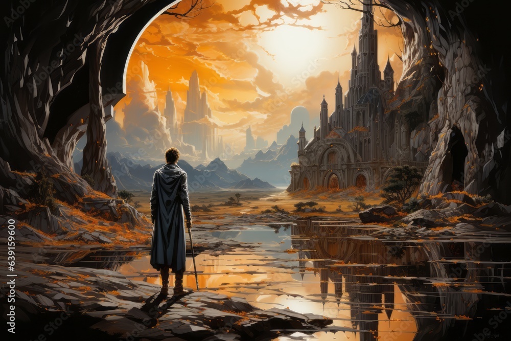Fototapeta premium Man in ancient ruins. Beautiful illustration picture. Generative AI