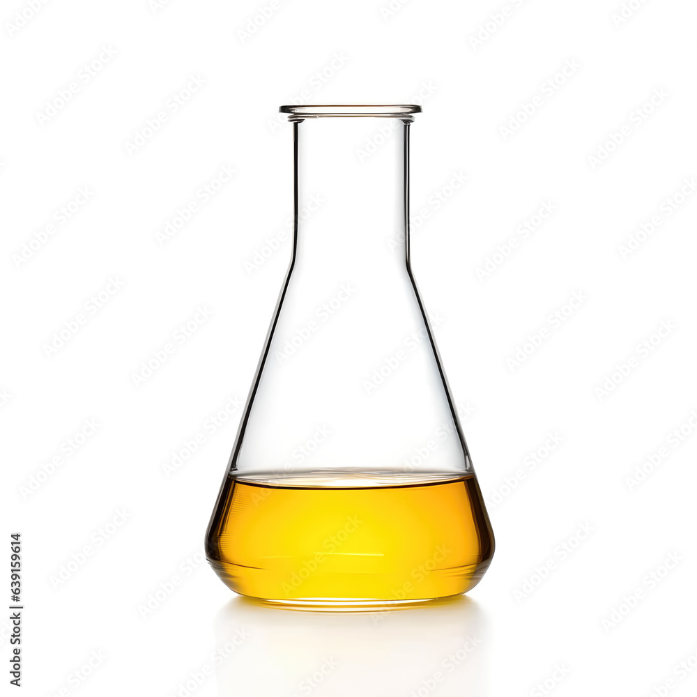 yellow liquid inside erlenmeyer flask isolated yellow liquid inside erlenmeyer flask isolated