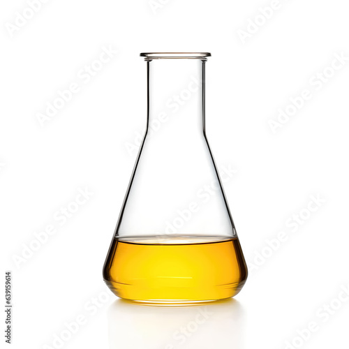 yellow liquid inside erlenmeyer flask isolated