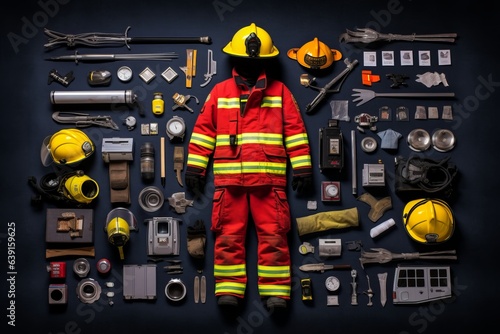 Knolling layout of fire crew jumper, wear. Beautiful illustration picture. Generative AI