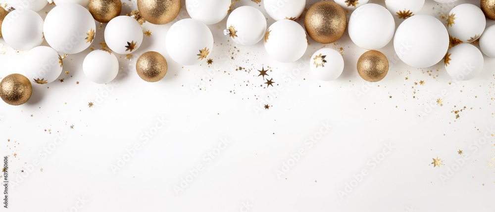 Christmas and New Years minimal background. Flat lay design with white balls, golden christmas decoration. Top view. Layout. Template, poster, banner,cover, brochure. Generative ai Christmas and New Years minimal background. Flat lay design with white balls, golden christmas decoration. Top view. Layout. Template, poster, banner,cover, brochure. Generative ai