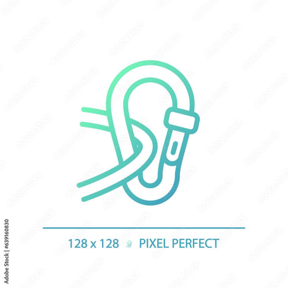 2D pixel perfect gradient carabiner icon, isolated vector, green hiking gear thin line illustration. 2D pixel perfect gradient carabiner icon, isolated vector, green hiking gear thin line illustration.