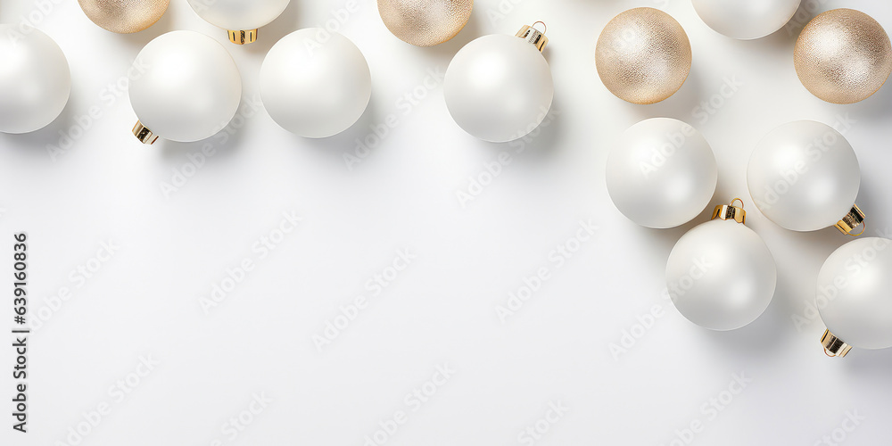 Christmas and New Years minimal background. Flat lay design with white balls, golden christmas decoration. Top view. Layout. Template, poster, banner,cover, brochure. Generative ai Christmas and New Years minimal background. Flat lay design with white balls, golden christmas decoration. Top view. Layout. Template, poster, banner,cover, brochure. Generative ai