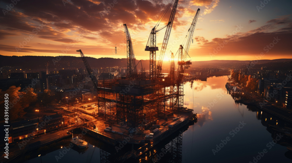 silhouette of construction worker working at Construction site and tower crane at the sunset.generative ai - obrazy, fototapety, plakaty 
