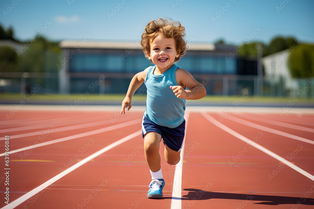 Little child running filled with joy and energy running on athletic track, young boy runner training on the stadium. Concept of sport, fitness, achievements, studying