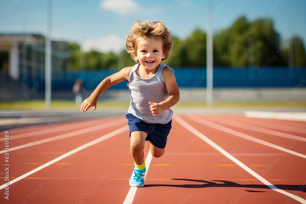 Little child running filled with joy and energy running on athletic track, young boy runner training on the stadium. Concept of sport, fitness, achievements, studying