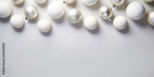 White minimal background. Flat lay design with white balls, golden christmas decoration. Christmas and New Years. Top view. Layout. Template, poster, banner,cover, brochure. Generative ai