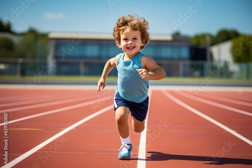 Fototapeta Little child running filled with joy and energy running on athletic track, young boy runner training on the stadium