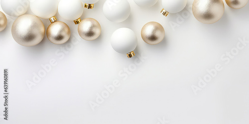 Christmas and New Years minimal background. Flat lay design with white balls, golden christmas decoration. Top view. Layout. Template, poster, banner,cover, brochure. Generative ai