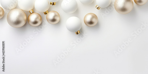 Wallpaper Mural Christmas and New Years minimal background. Flat lay design with white balls, golden christmas decoration. Top view. Layout. Template, poster, banner,cover, brochure. Generative ai Torontodigital.ca