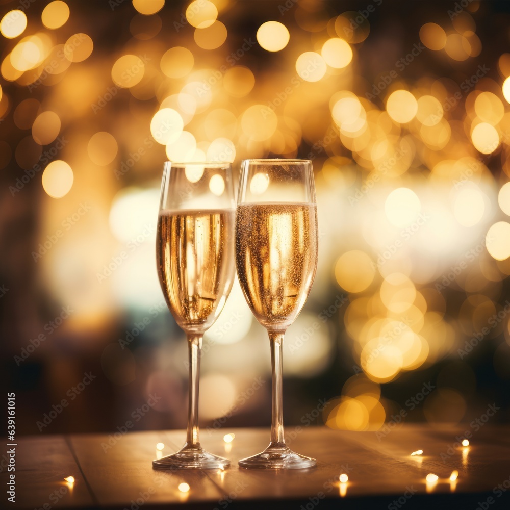 Two glasses of champagne on a blurred background. Generative AI Two glasses of champagne on a blurred background. Generative AI
