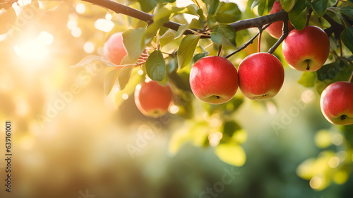 Close up of ripe apple fruit on apple tree with sunny rays in the background