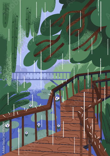 Rain in empty park, nature. Overcast rainy weather, downpour, rainfall, pouring shower season, landscape card. Green trees, river water, flowers, wooden path in monsoon. Flat vector illustration