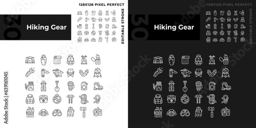Pixel perfect dark and light mode icons collection representing hiking gear, editable isolated thin line illustration.