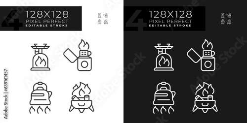 Pixel perfect dark and light mode icons set representing hiking gear, editable isolated thin line illustration.