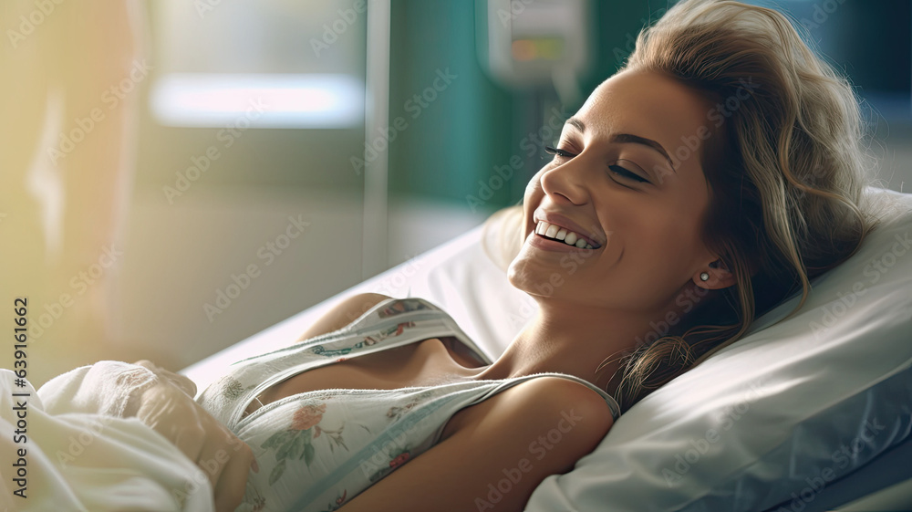 A female patient lying satisfied smiling at modern hospital patient bed.generative ai A female patient lying satisfied smiling at modern hospital patient bed.generative ai