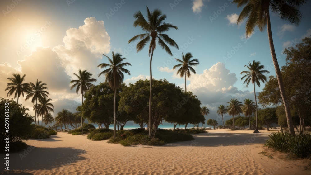 A tropical heaven with palm trees, white sandy shorelines, and crystal-clear waters. Creative resource, AI Generated