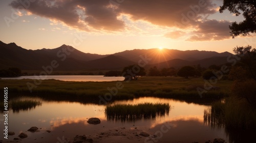 A serene sunset over a peaceful mountain lake. Creative resource, AI Generated