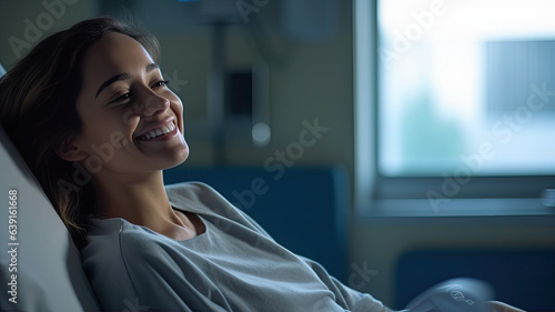 A female patient lying satisfied smiling at modern hospital patient bed.genearative ai