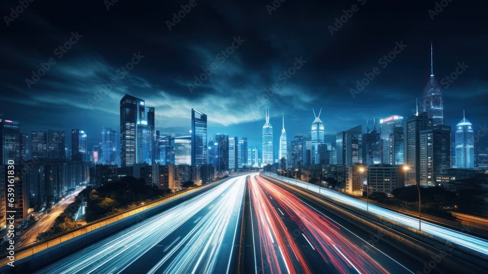 City at night highway time lapse image created with Generative AI technology