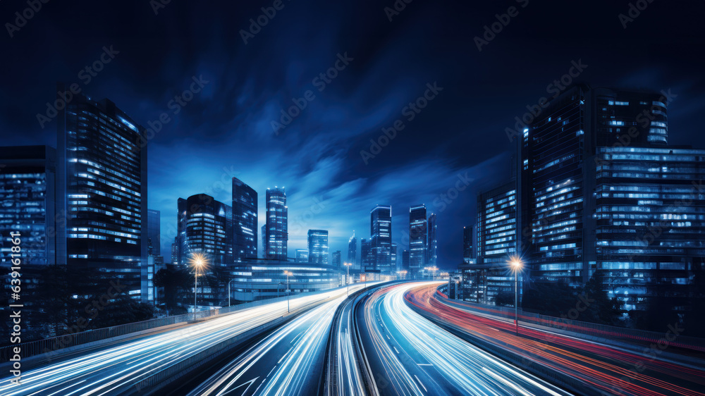 City at night highway time lapse image created with Generative AI technology City at night highway time lapse image created with Generative AI technology