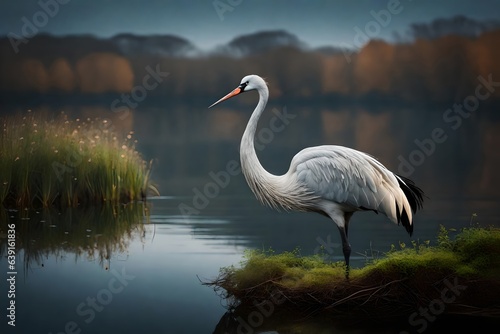 An rich crane showcased in serene waterside scenes. Creative resource  AI Generated