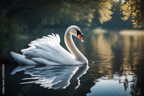 An rich swan depicted in quiet waterside scenes. Creative resource  AI Generated