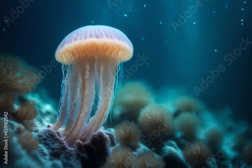 An ethereal jellyfish depicted in mesmerizing submerged wide scale. Creative resource, AI Generated