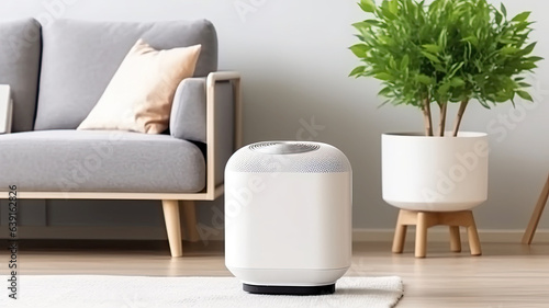 photograph of Air purifier in cozy white living room .