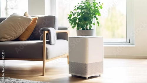photograph of Air purifier in cozy white living room .