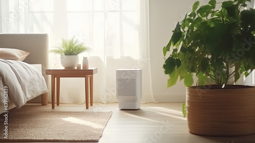 photograph of Air purifier in cozy white living room . © JKLoma