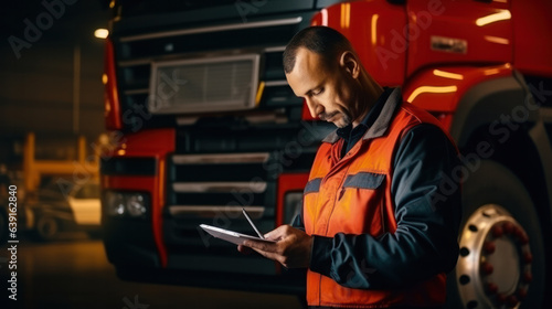 Serviceman with digital tablet on the background of the truck in the garage. Pretrip technical inspection, checklist photo