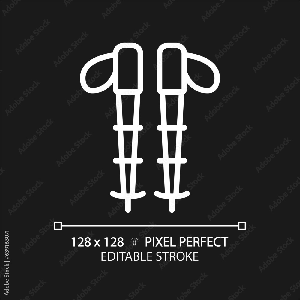 2D pixel perfect white hiking poles icon, isolated vector, editable hiking gear thin line illustration. 2D pixel perfect white hiking poles icon, isolated vector, editable hiking gear thin line illustration.