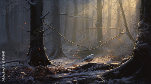 Small bird in frozen forest floor at a silence morning of winter