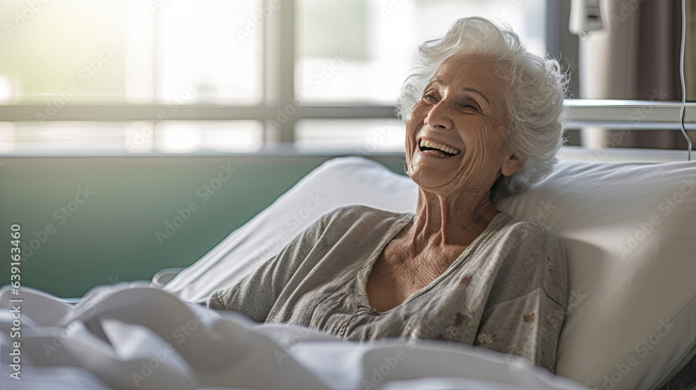 Senior female patient lying satisfied smiling at modern hospital patient bed generative ai Senior female patient lying satisfied smiling at modern hospital patient bed generative ai