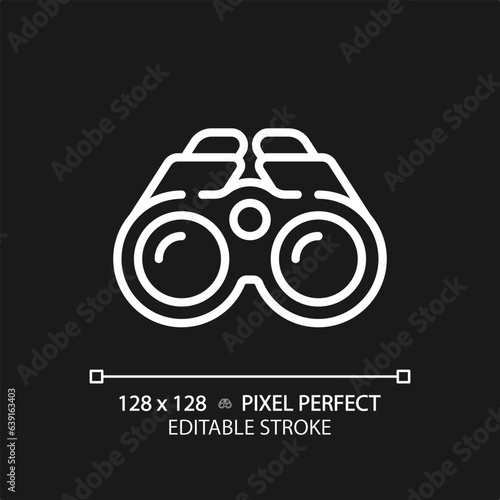 2D pixel perfect white binoculars icon, isolated vector, editable hiking gear thin line illustration.