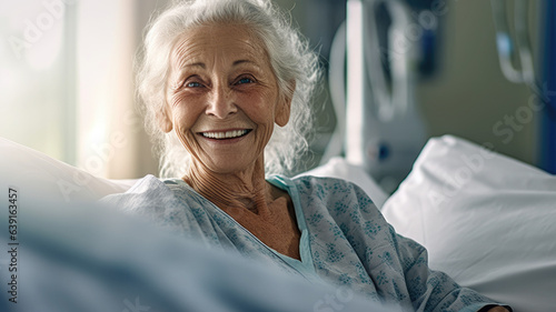 Fotografering Senior female patient lying satisfied smiling at modern hospital patient bed gen