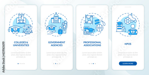 2D icons representing athletic scholarship mobile app screen set. Walkthrough 4 steps blue graphic instructions with line icons concept, UI, UX, GUI template.