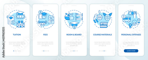 2D icons representing athletic scholarship mobile app screen set. Walkthrough 5 steps blue graphic instructions with line icons concept, UI, UX, GUI template.