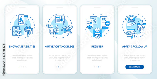 2D icons representing athletic scholarship mobile app screen set. Walkthrough 4 steps blue graphic instructions with thin line icons concept, UI, UX, GUI template.