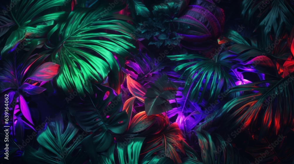 Tropical leaves and neon lights layout. Generative AI Tropical leaves and neon lights layout. Generative AI