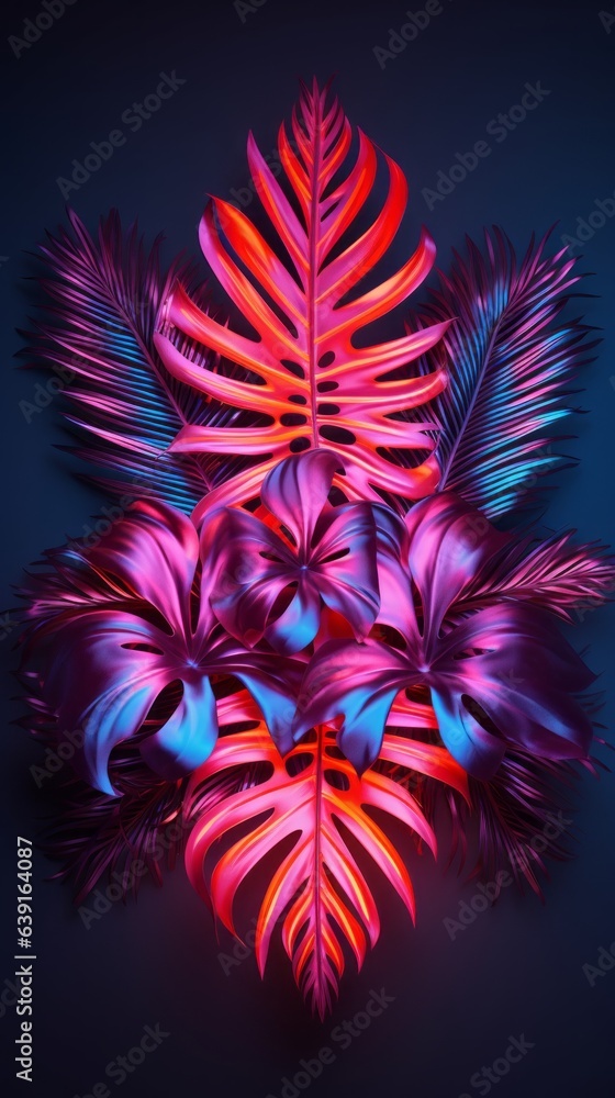 Tropical leaves and neon lights layout. Generative AI