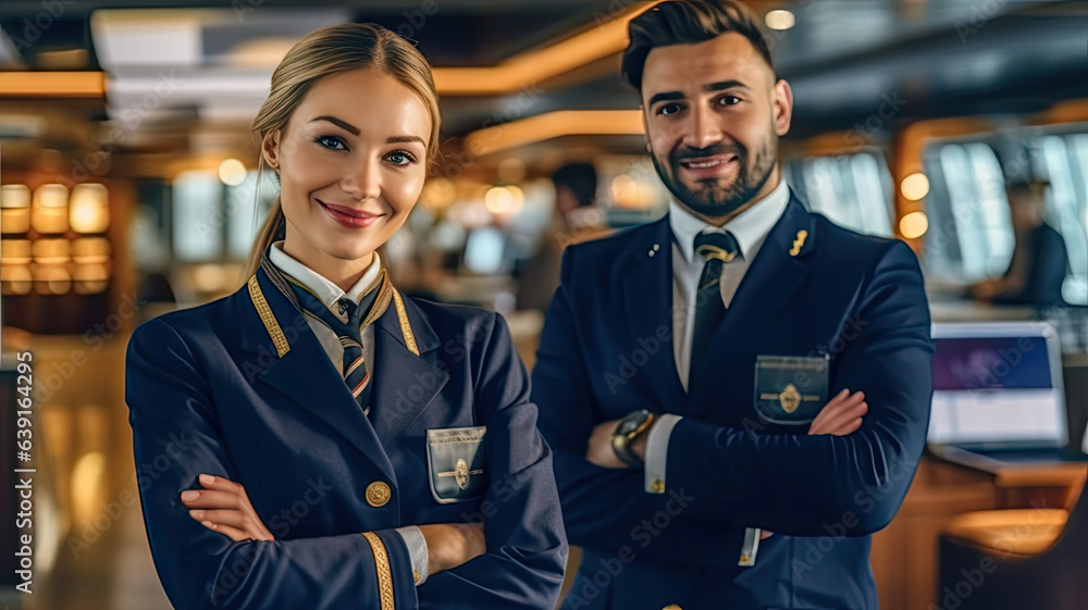 Airline business, Airliner pilot and air hostess standing in airport terminal,generative ai Airline business, Airliner pilot and air hostess standing in airport terminal,generative ai