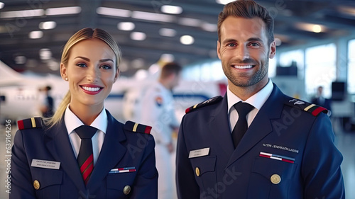 Airline business, Airliner pilot and air hostess standing in airport terminal