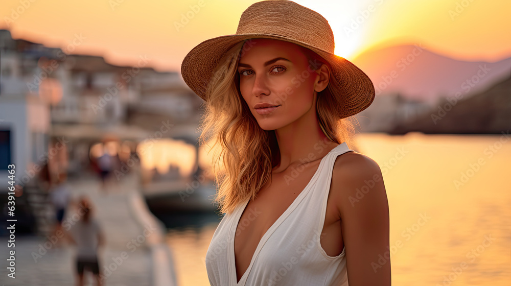 Travel Europe summer holiday caucasian girl enjoying Oia, Santorini Greece cruise vacation. People crowd on background