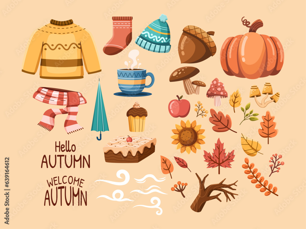 Hand-drawn vector illustration set of autumn season decorative elements. This collection showcases charming autumn-themed decorations, including leaves, pumpkins, sweaters, warm drinks, acorns, etc.