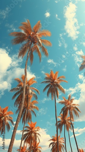Palm trees under a blue sky with clouds. Generative AI